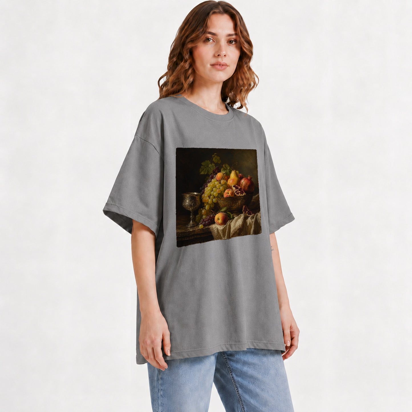 #pl[Gray] Fruit Still Life Graphic T-Shirt, Vintage Grapes Pomegranate Design