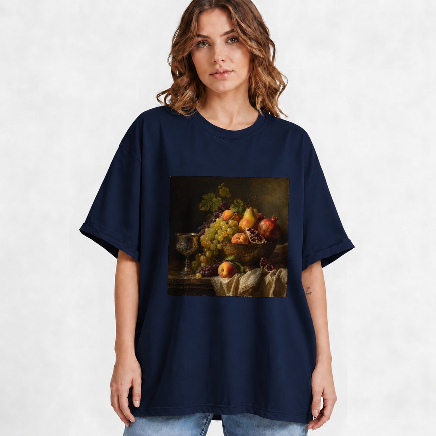 #pl[Navy] Fruit Still Life Graphic T-Shirt, Vintage Grapes Pomegranate Design