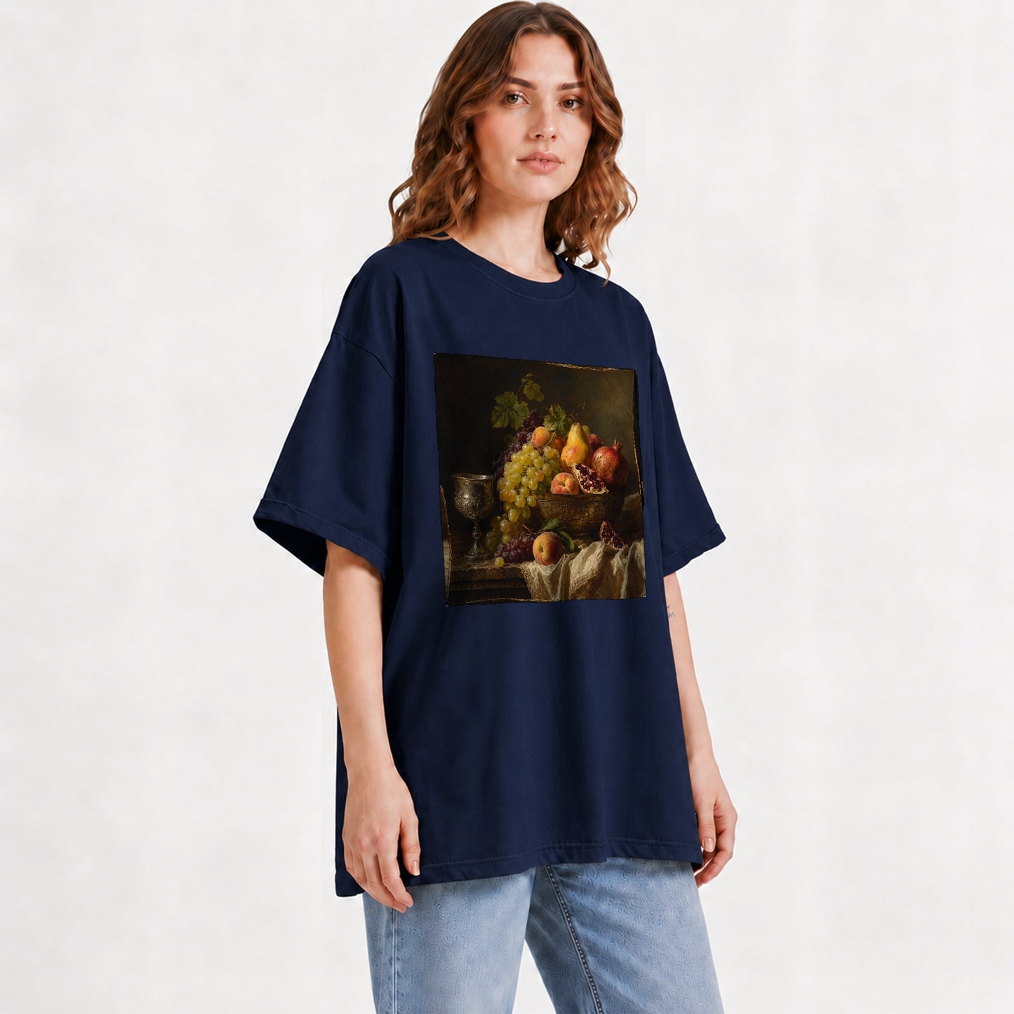 #pl[Navy] Fruit Still Life Graphic T-Shirt, Vintage Grapes Pomegranate Design