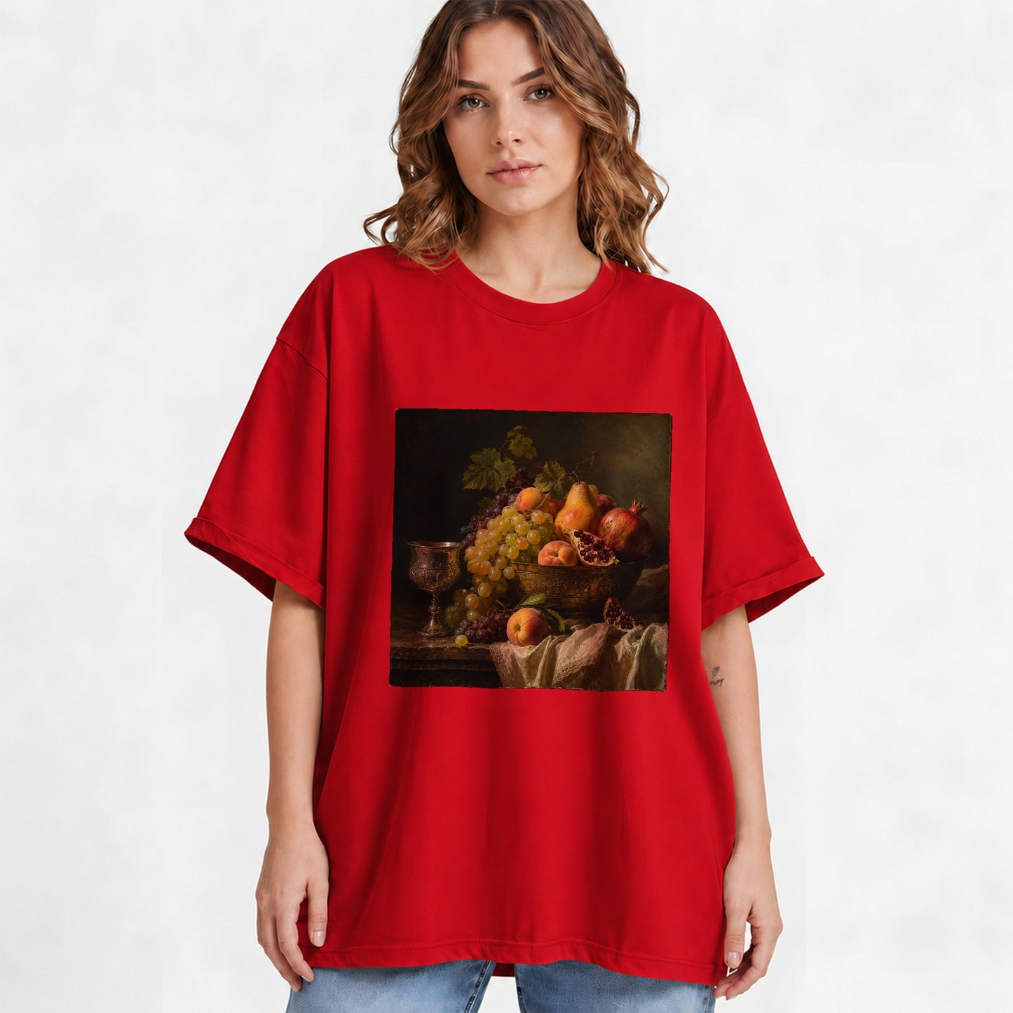 #pl[Red] Fruit Still Life Graphic T-Shirt, Vintage Grapes Pomegranate Design