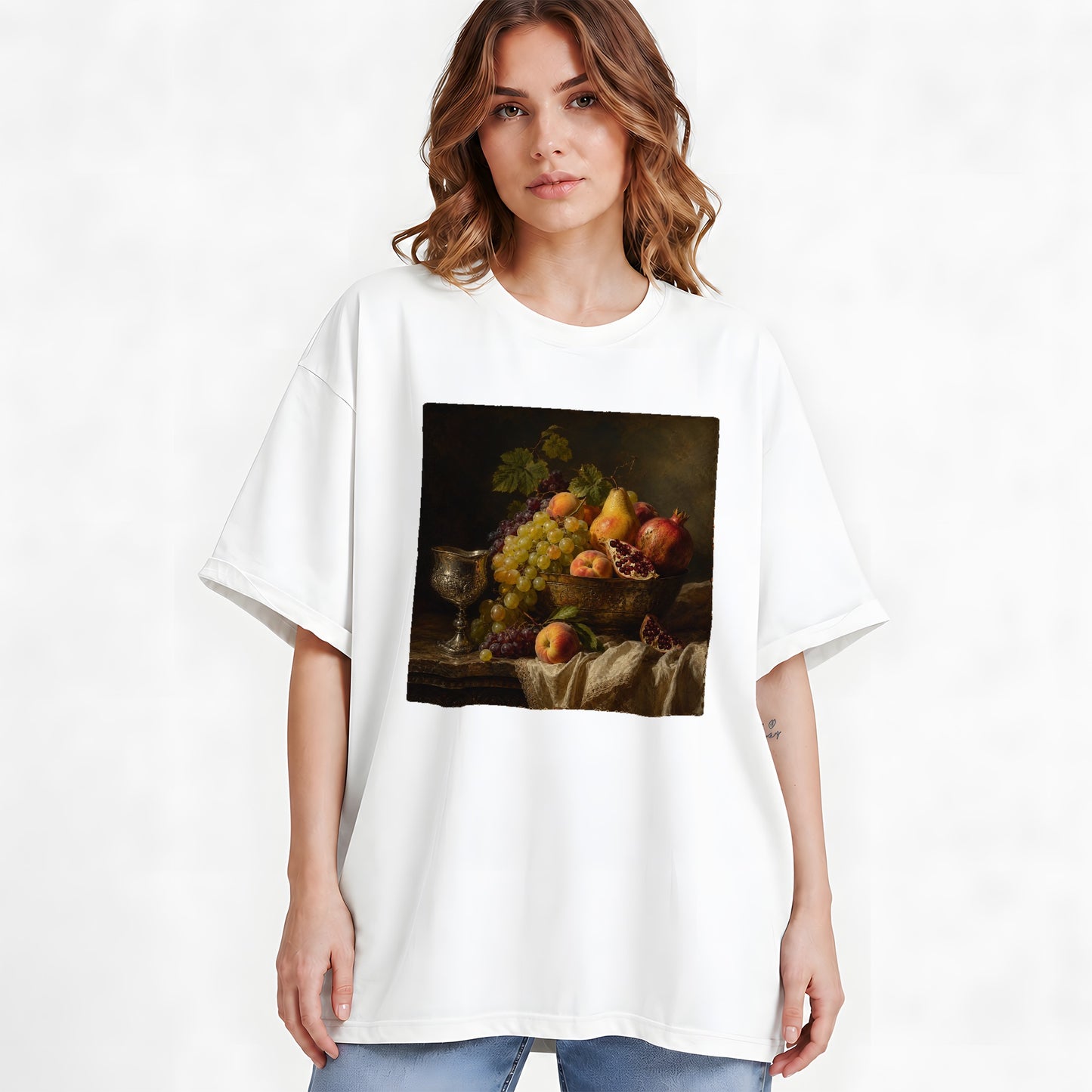 #pl[White] Fruit Still Life Graphic T-Shirt, Vintage Grapes Pomegranate Design