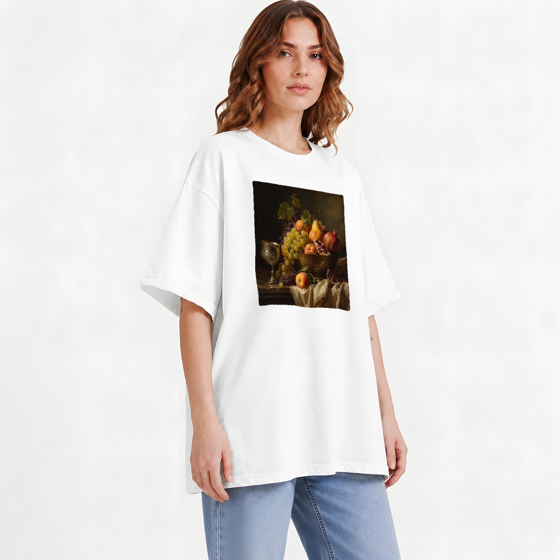 #pl[White] Fruit Still Life Graphic T-Shirt, Vintage Grapes Pomegranate Design