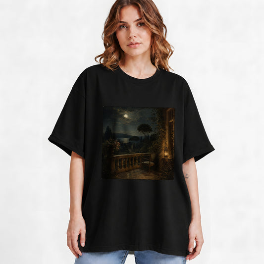 #pl[Black] Moonlit Terrace Graphic T-Shirt, Romantic Garden Lake Night Scene