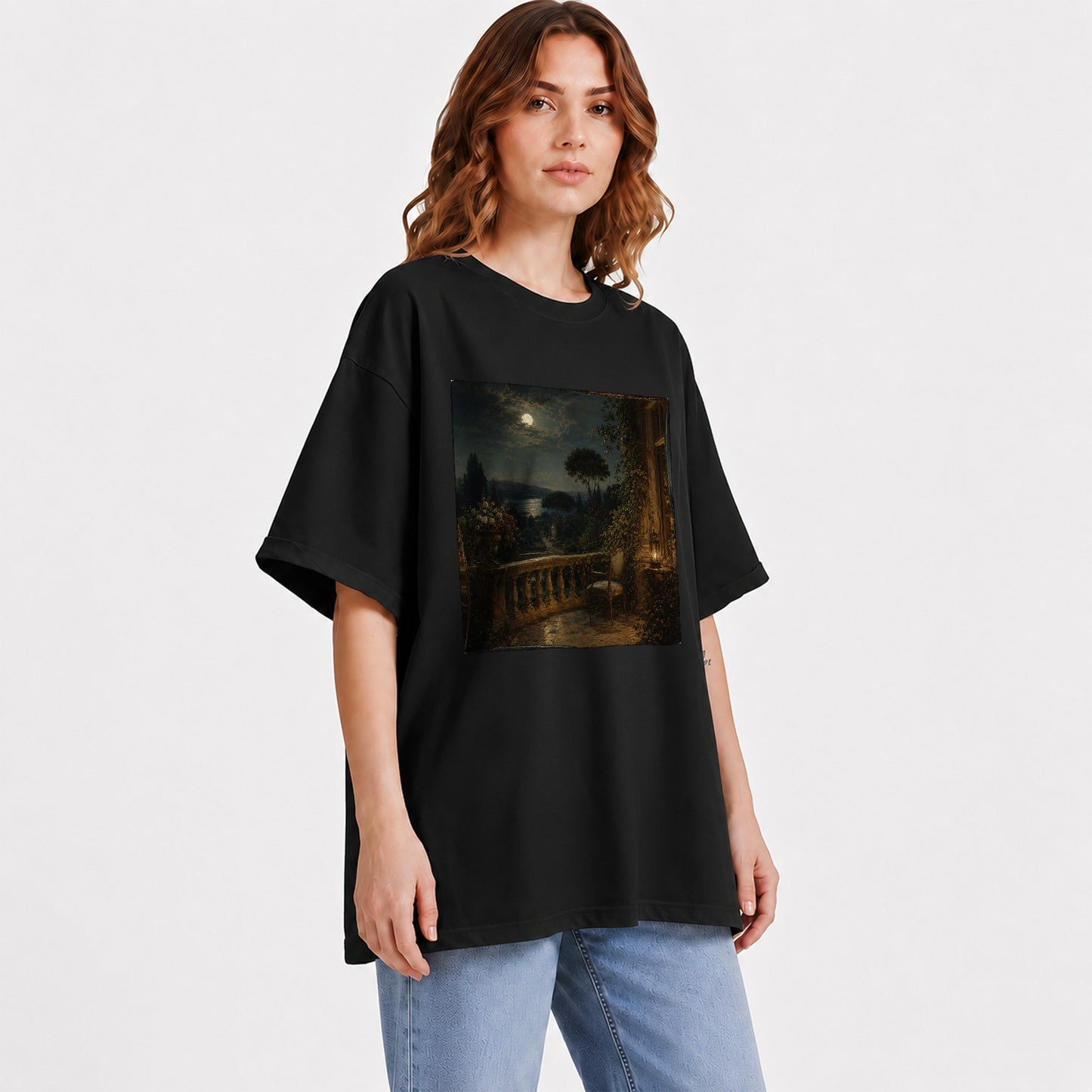 #pl[Black] Moonlit Terrace Graphic T-Shirt, Romantic Garden Lake Night Scene