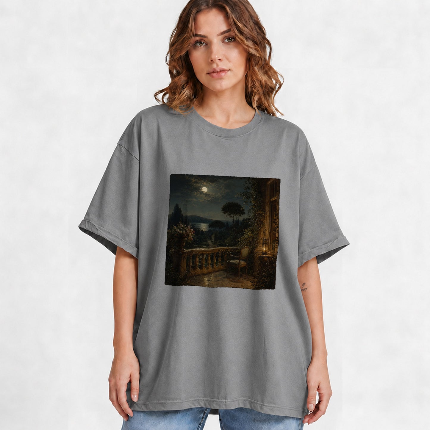 #pl[Gray] Moonlit Terrace Graphic T-Shirt, Romantic Garden Lake Night Scene