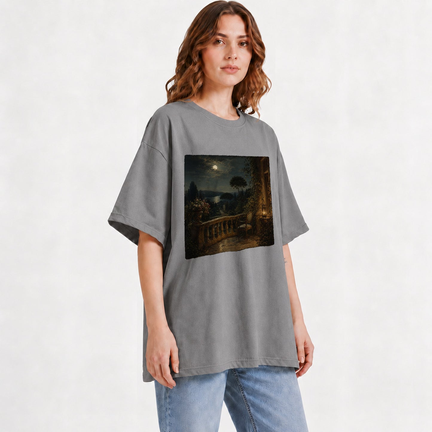 #pl[Gray] Moonlit Terrace Graphic T-Shirt, Romantic Garden Lake Night Scene