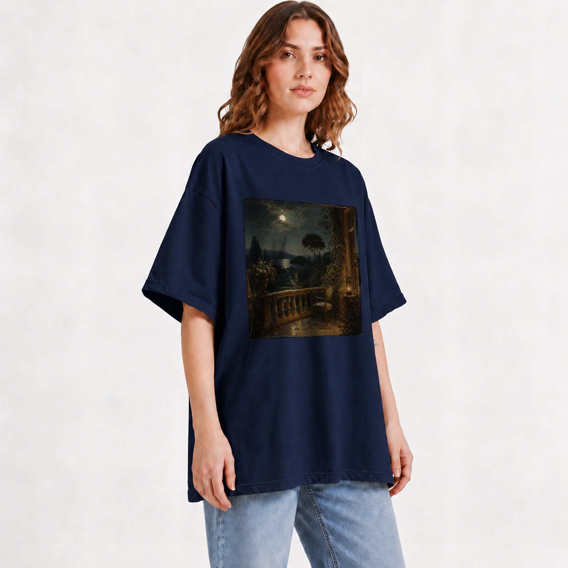 #pl[Navy] Moonlit Terrace Graphic T-Shirt, Romantic Garden Lake Night Scene
