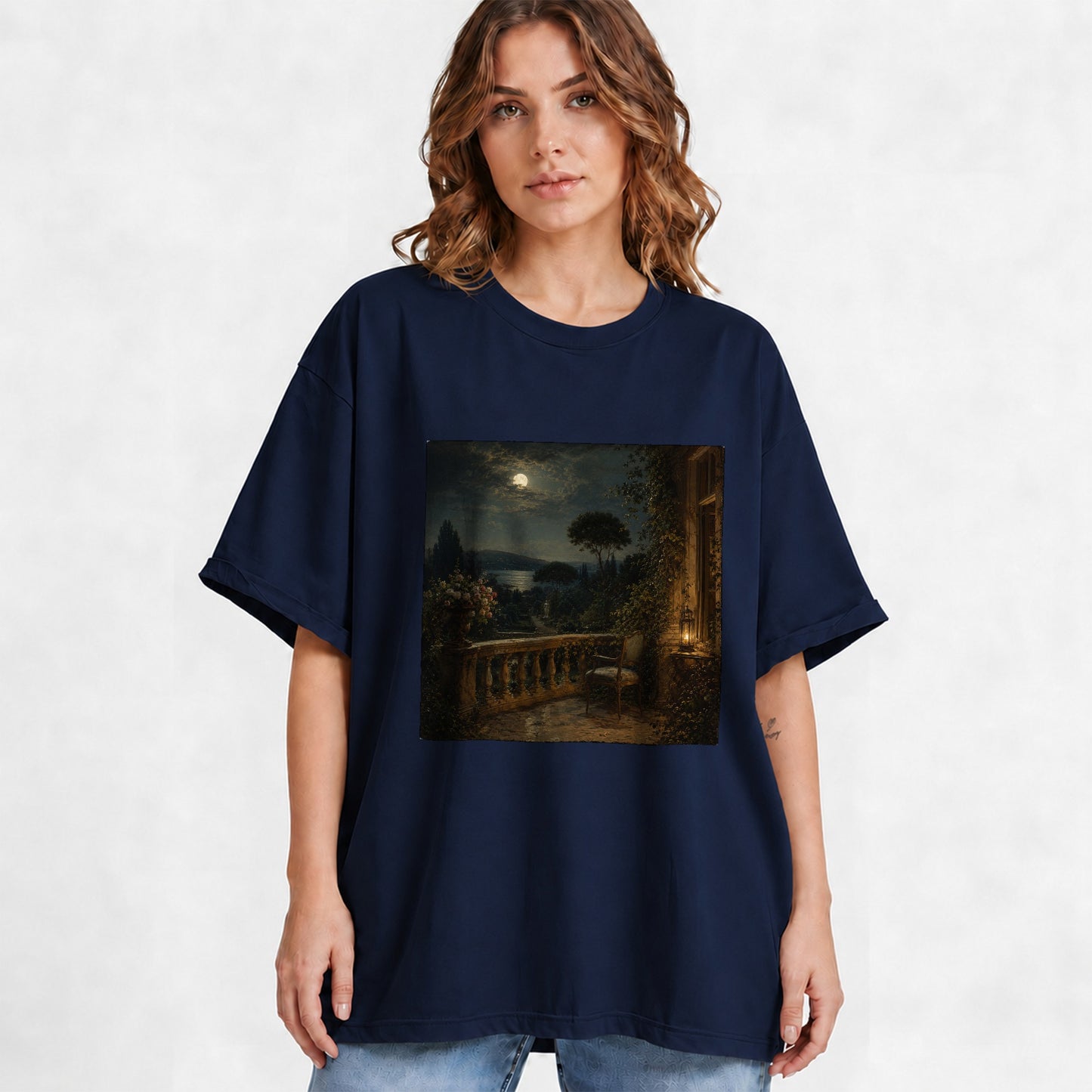 #pl[Navy] Moonlit Terrace Graphic T-Shirt, Romantic Garden Lake Night Scene