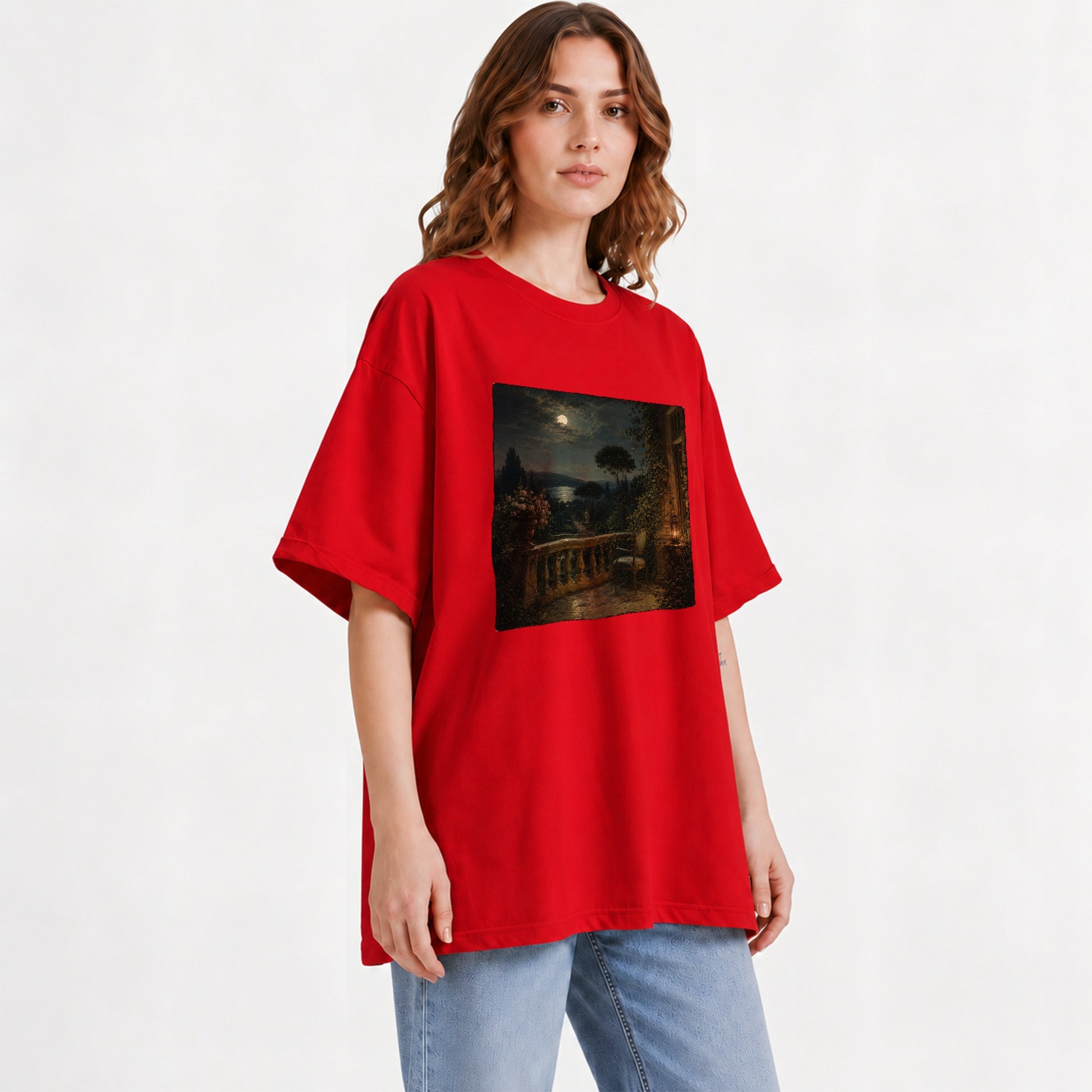 #pl[Red] Moonlit Terrace Graphic T-Shirt, Romantic Garden Lake Night Scene