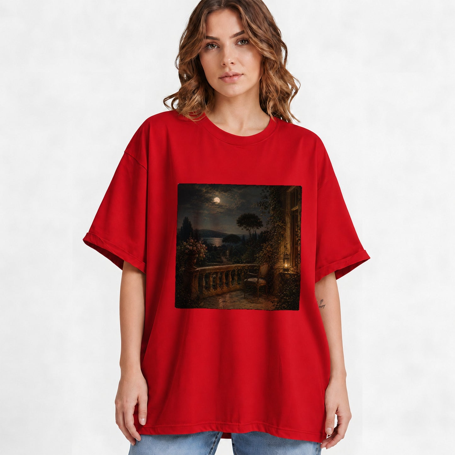 #pl[Red] Moonlit Terrace Graphic T-Shirt, Romantic Garden Lake Night Scene