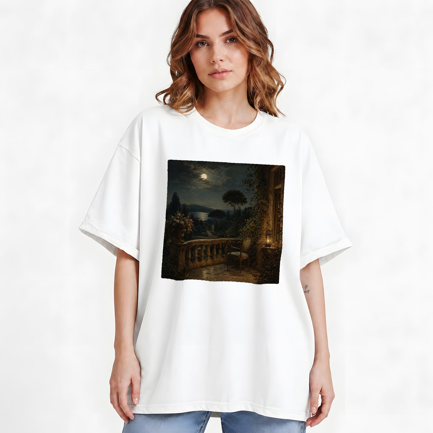 #pl[White] Moonlit Terrace Graphic T-Shirt, Romantic Garden Lake Night Scene