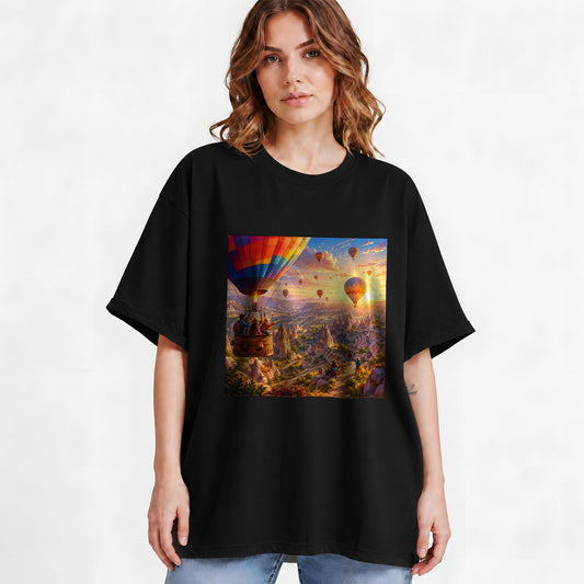 #pl[Black] Hot Air Balloon Graphic T-Shirt, Colorful Canyon Sunrise Adventure