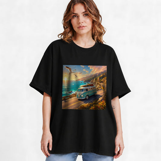#pl[Black] Retro Camper Van Graphic T-Shirt, Coastal Road Sunset Adventure