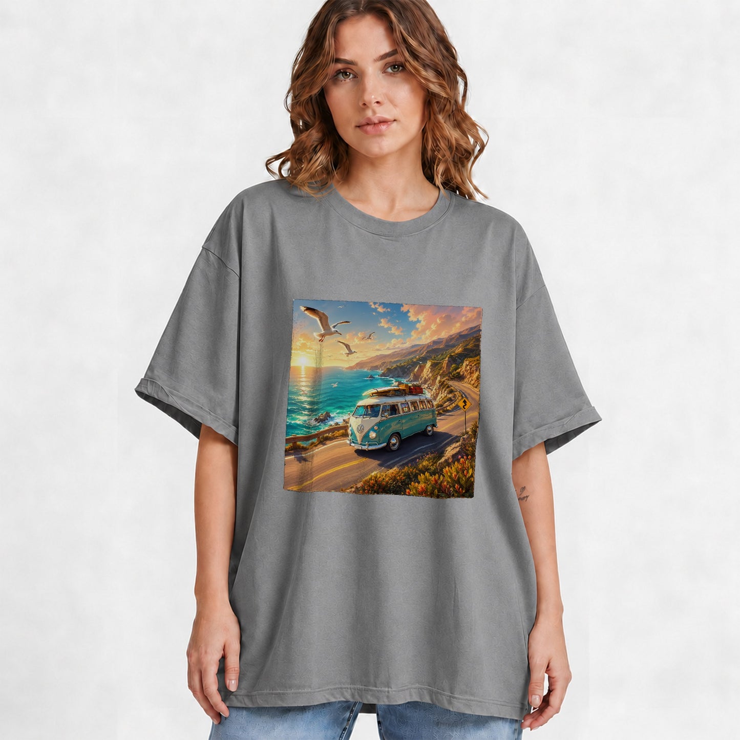 #pl[Gray] Retro Camper Van Graphic T-Shirt, Coastal Road Sunset Adventure