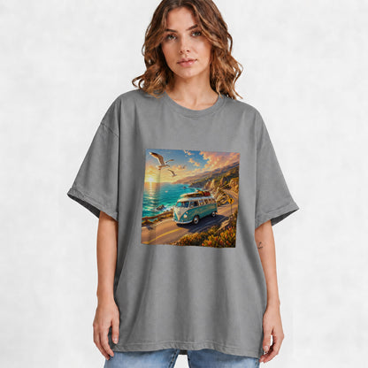 #pl[Gray] Retro Camper Van Graphic T-Shirt, Coastal Road Sunset Adventure