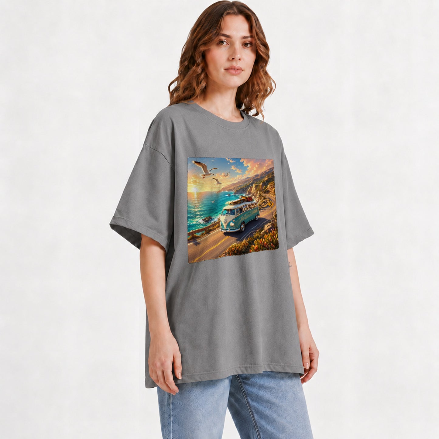 #pl[Gray] Retro Camper Van Graphic T-Shirt, Coastal Road Sunset Adventure