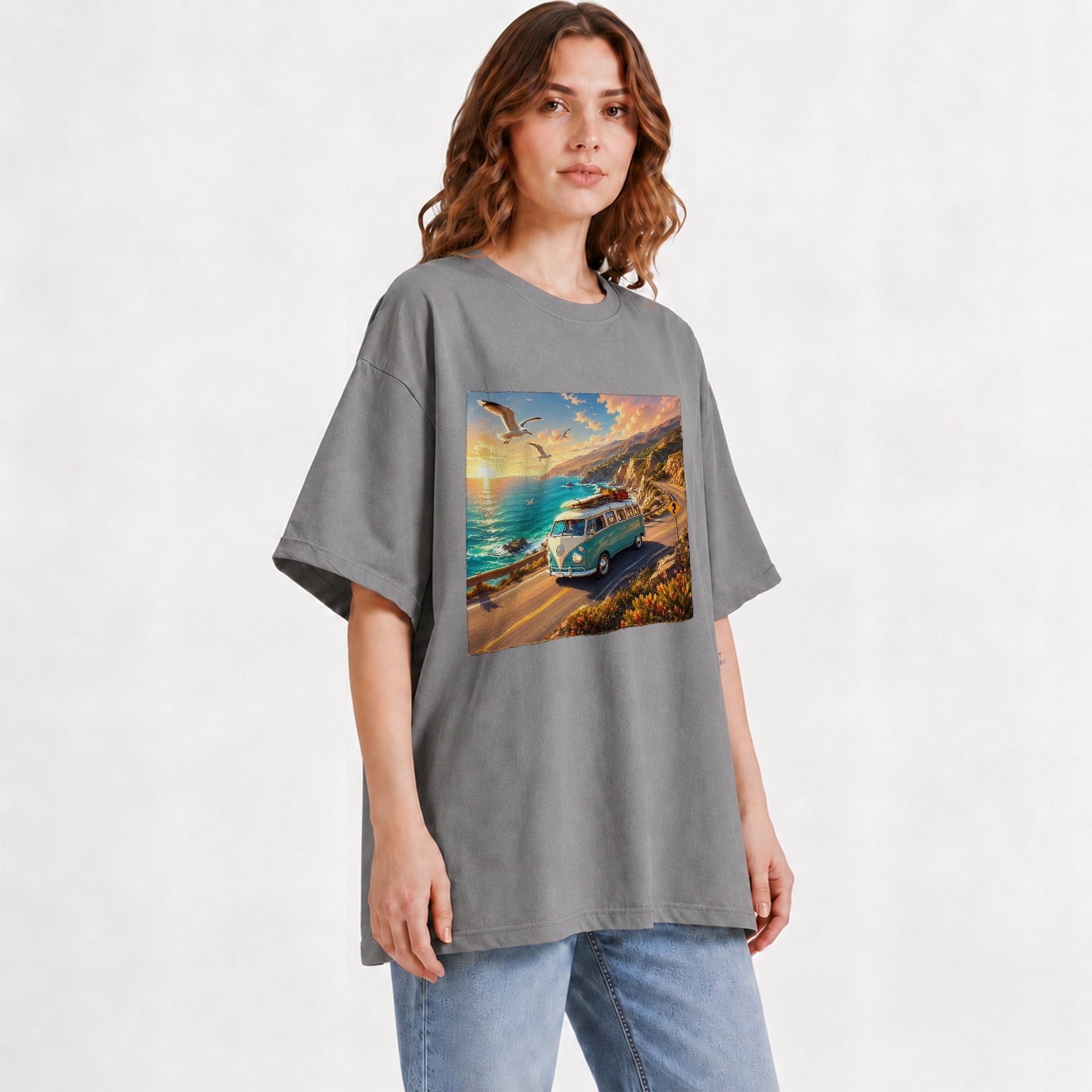 #pl[Gray] Retro Camper Van Graphic T-Shirt, Coastal Road Sunset Adventure
