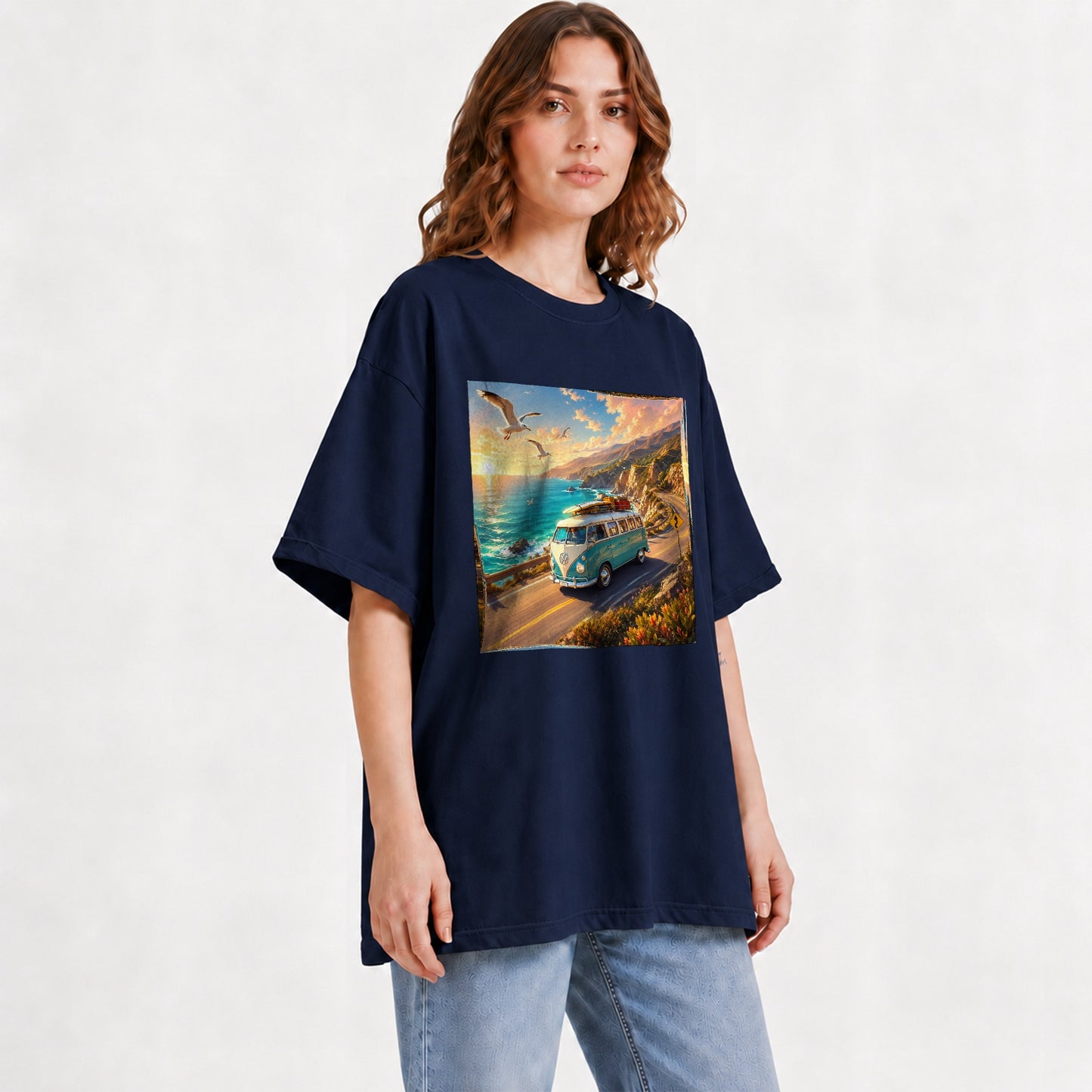 #pl[Navy] Retro Camper Van Graphic T-Shirt, Coastal Road Sunset Adventure