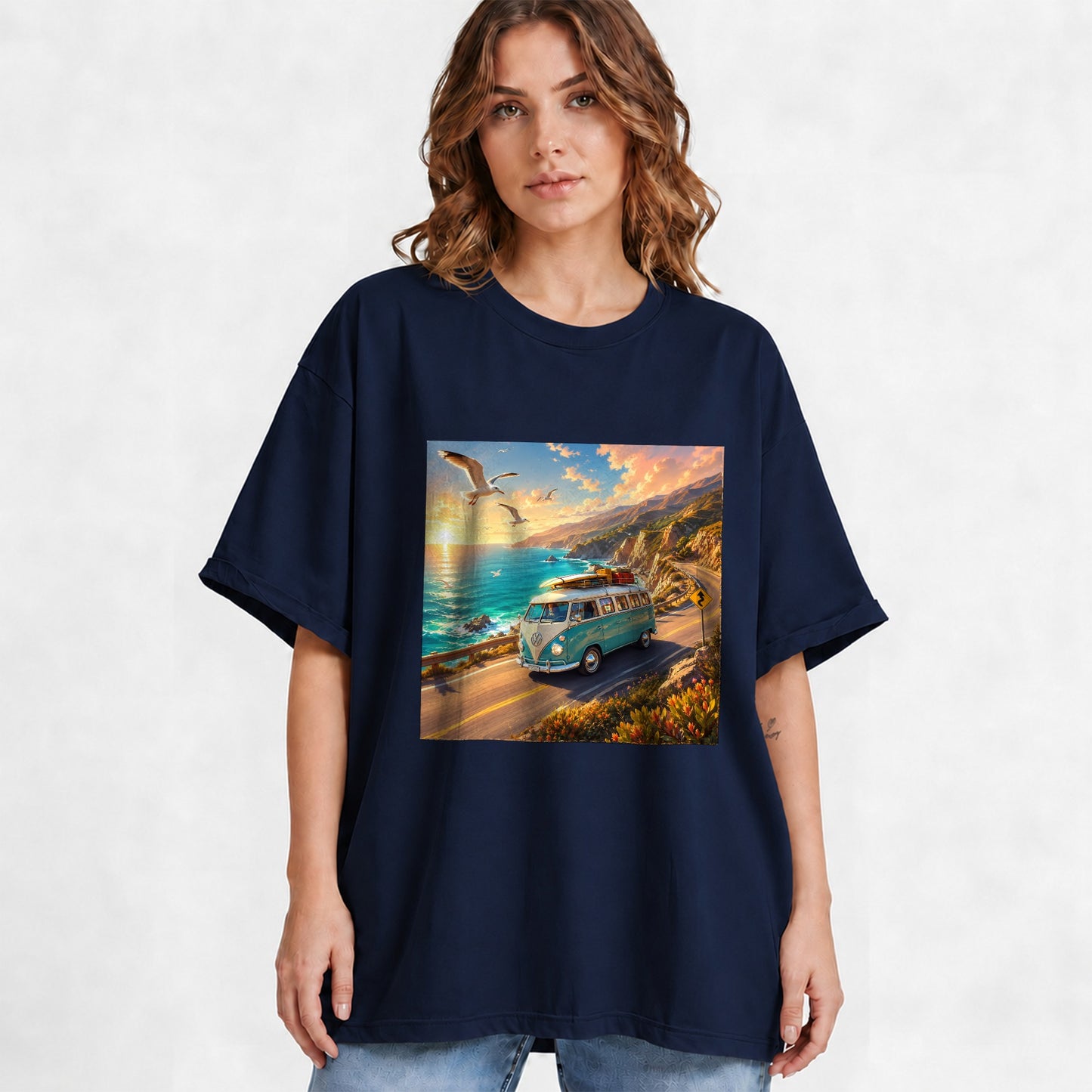 #pl[Navy] Retro Camper Van Graphic T-Shirt, Coastal Road Sunset Adventure