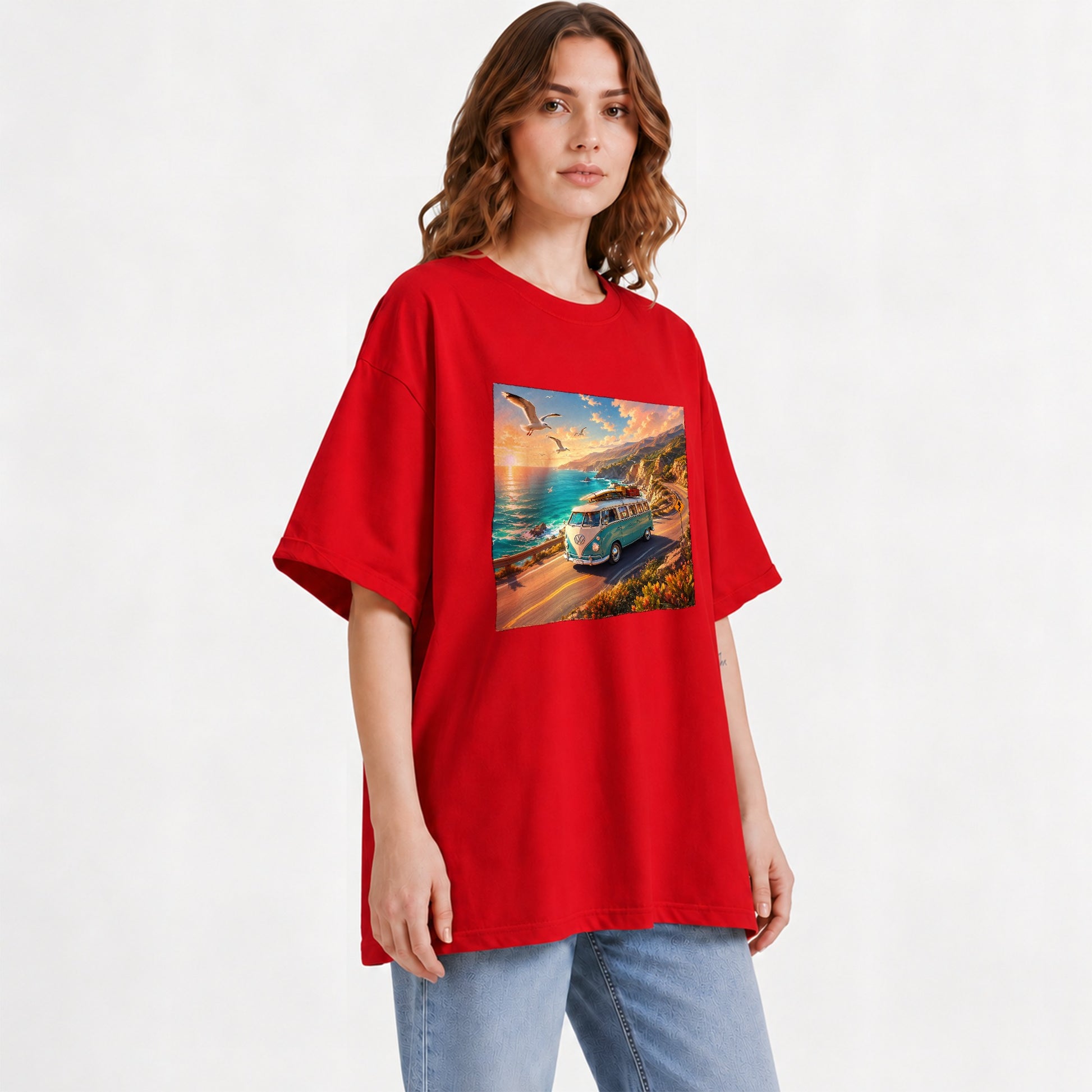 #pl[Red] Retro Camper Van Graphic T-Shirt, Coastal Road Sunset Adventure