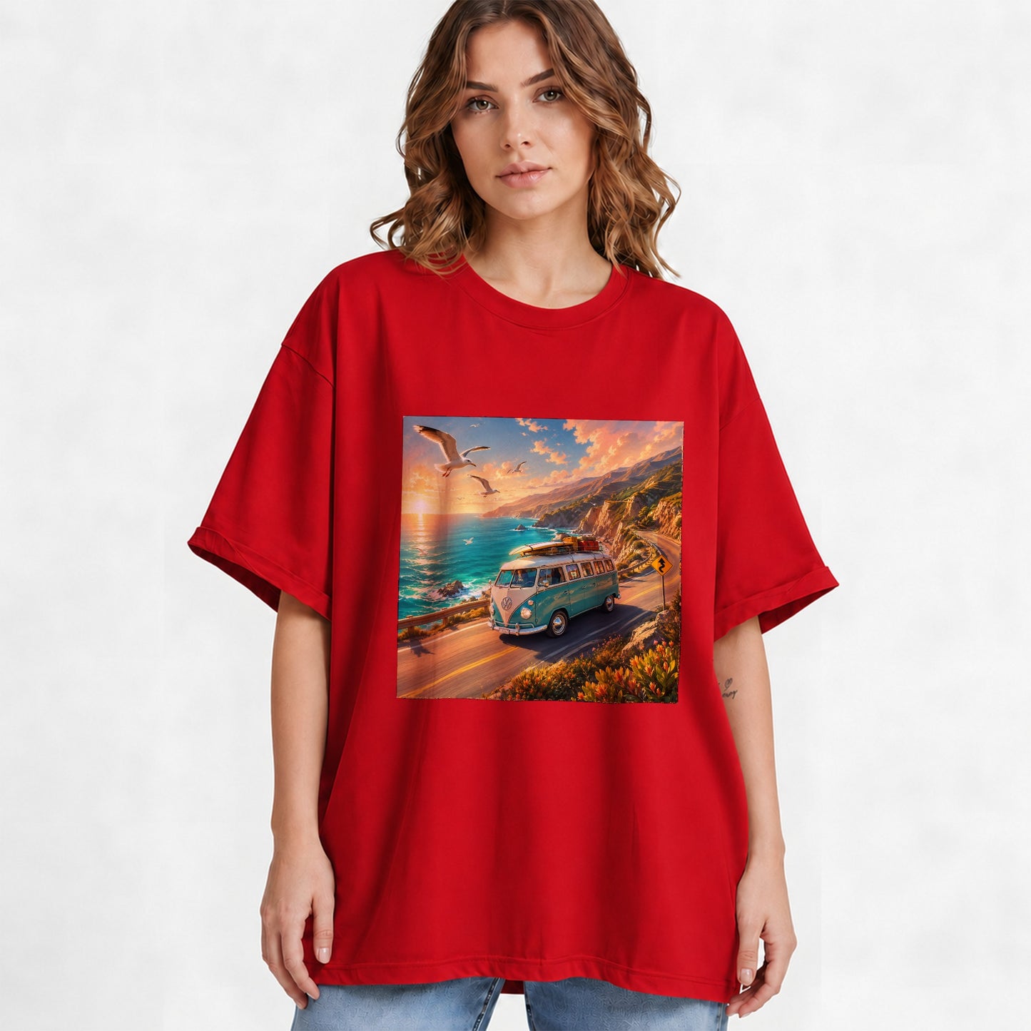 #pl[Red] Retro Camper Van Graphic T-Shirt, Coastal Road Sunset Adventure