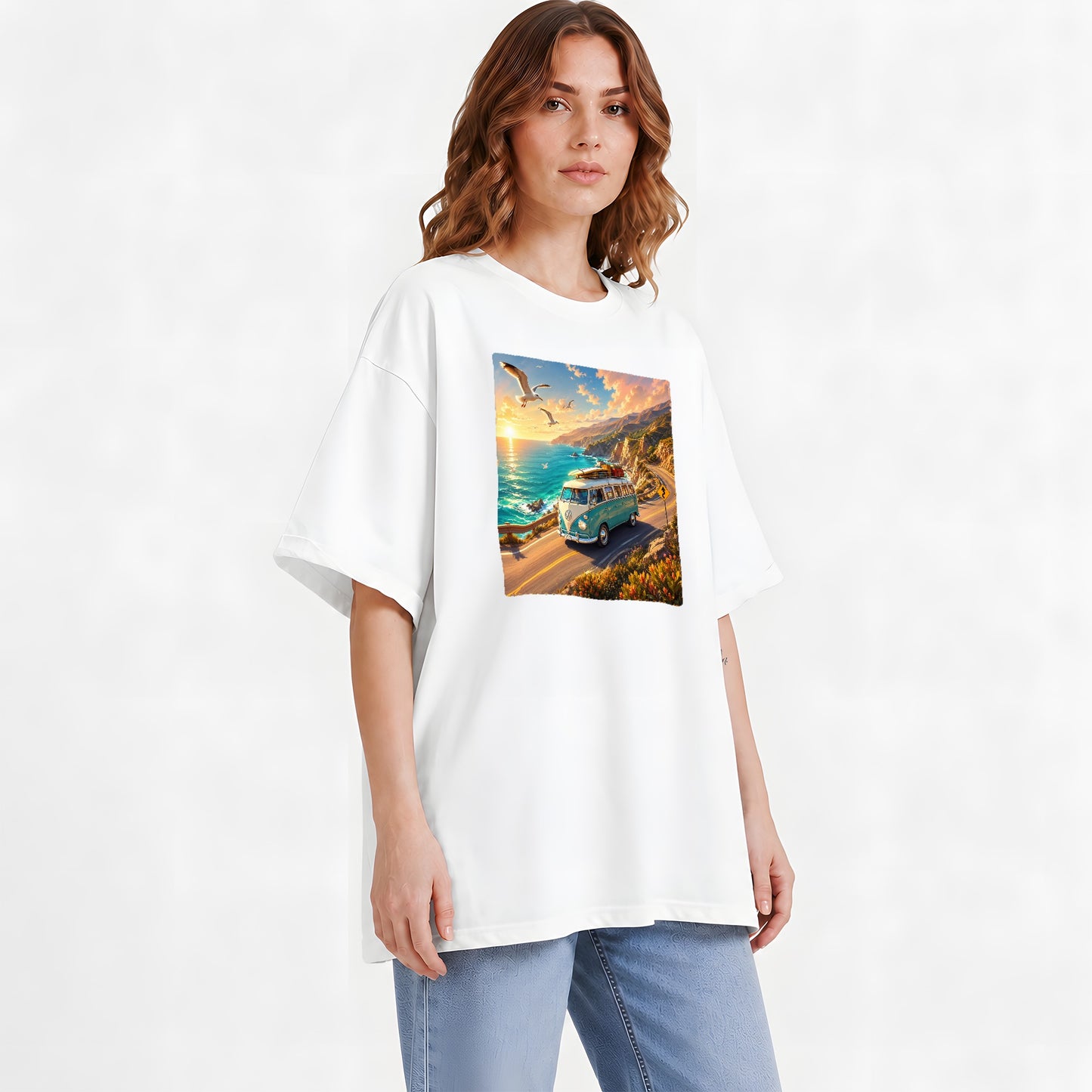 #pl[White] Retro Camper Van Graphic T-Shirt, Coastal Road Sunset Adventure