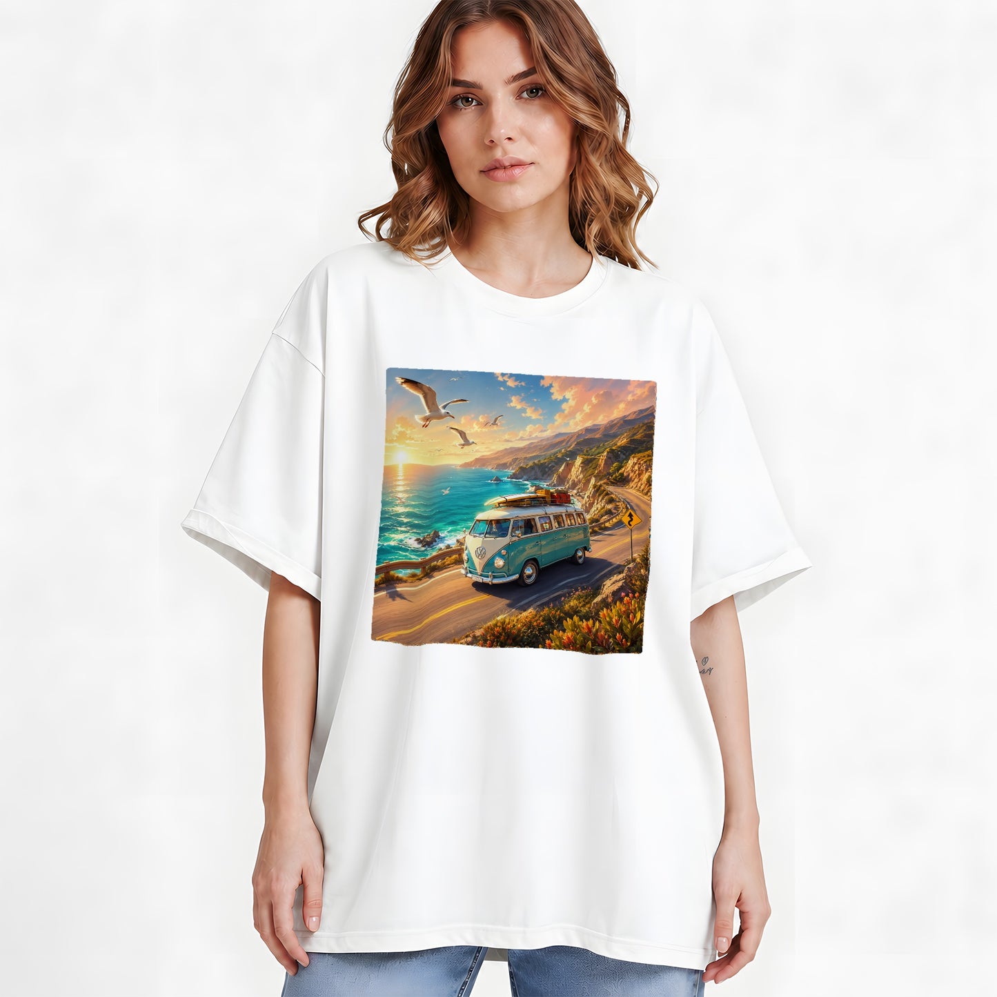 #pl[White] Retro Camper Van Graphic T-Shirt, Coastal Road Sunset Adventure