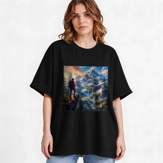 #pl[Black] Mountain Hiker Graphic T-Shirt, Alpine Peaks Waterfall Adventure