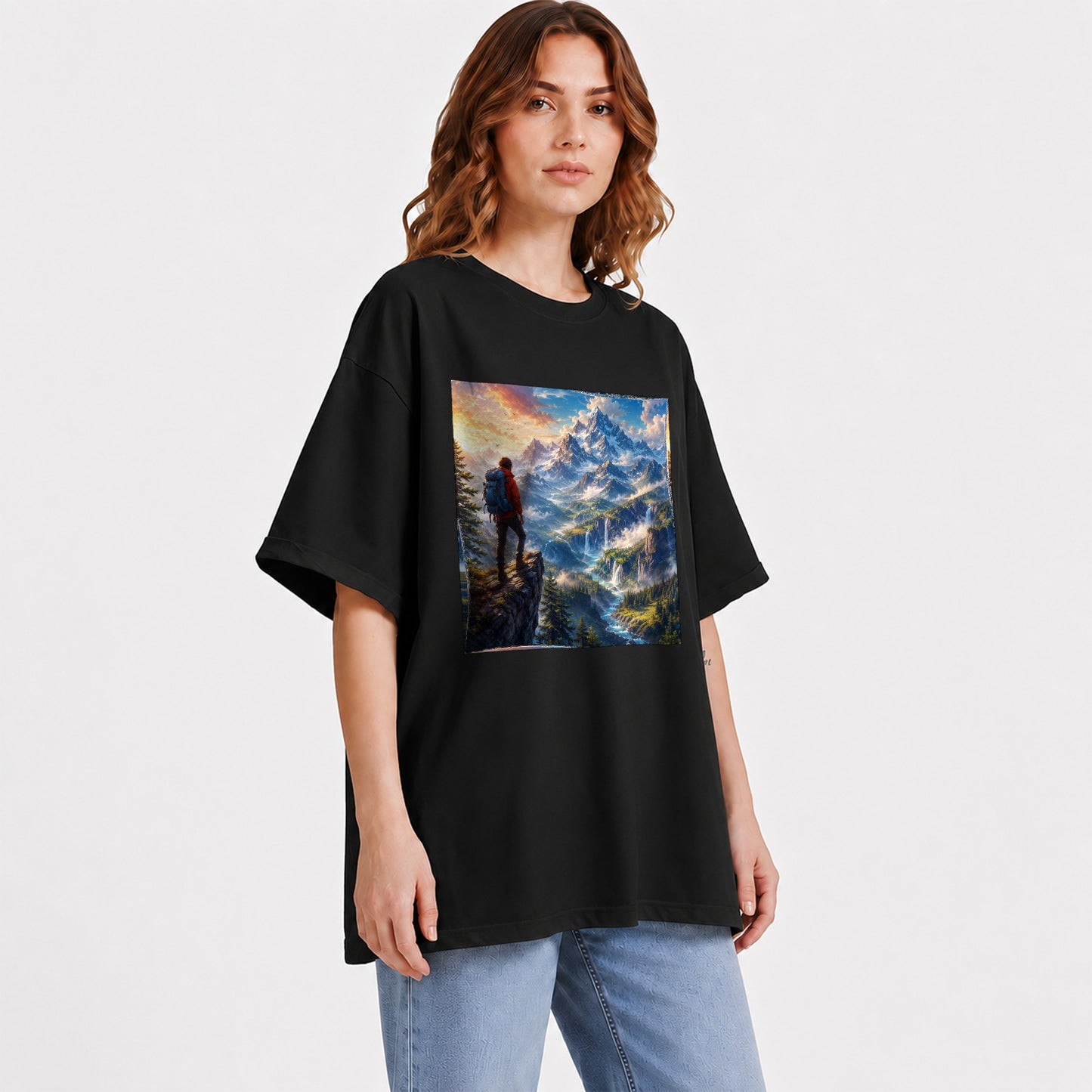 #pl[Black] Mountain Hiker Graphic T-Shirt, Alpine Peaks Waterfall Adventure