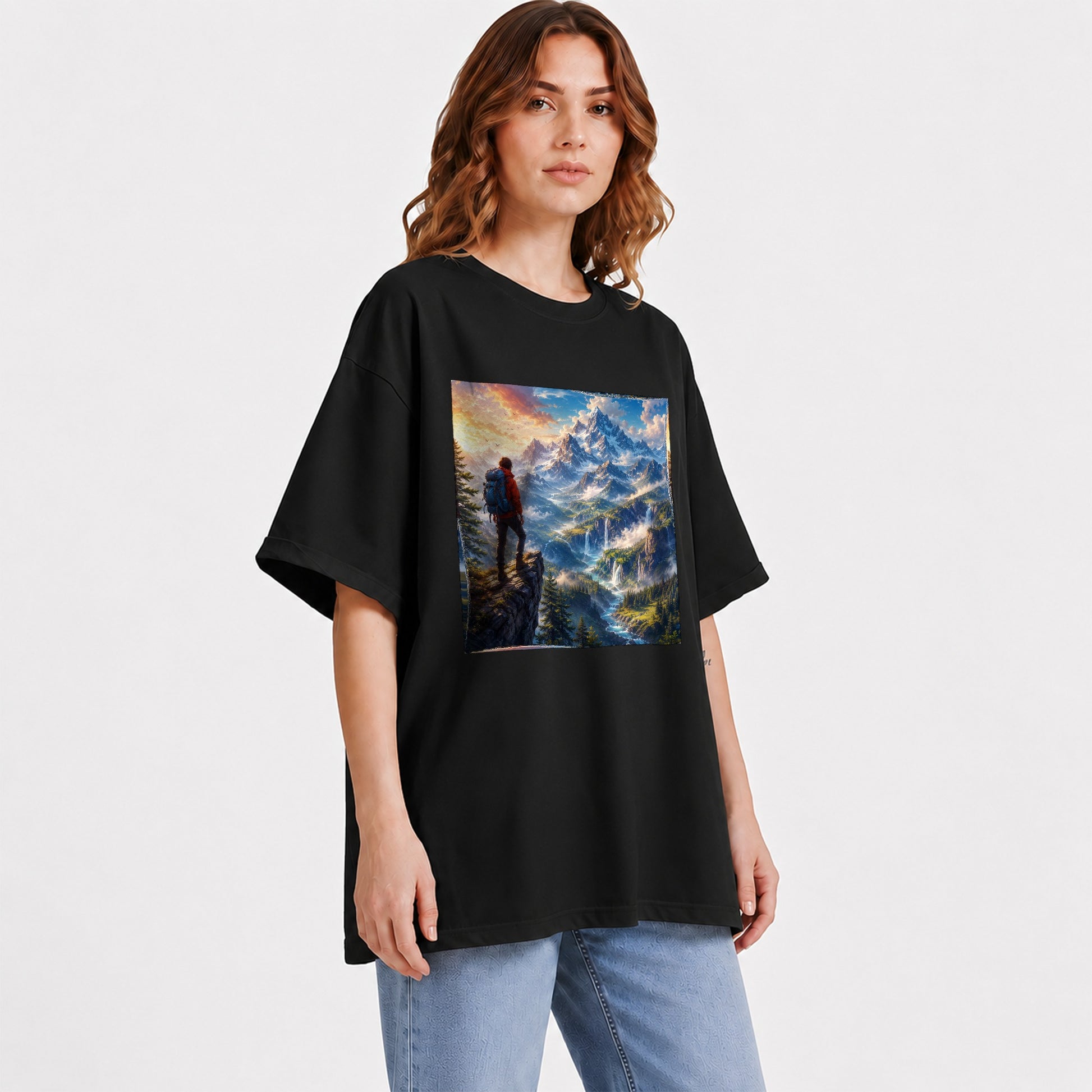 #pl[Black] Mountain Hiker Graphic T-Shirt, Alpine Peaks Waterfall Adventure