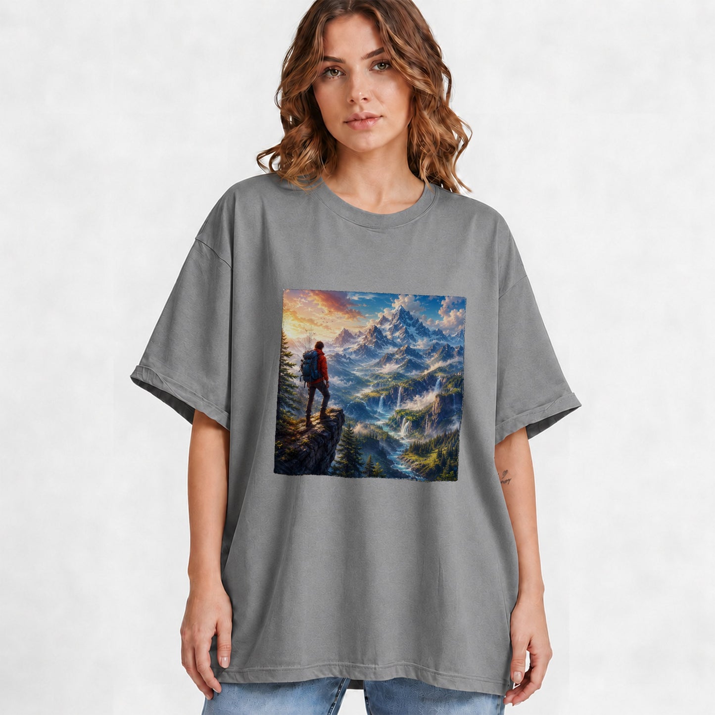 #pl[Gray] Mountain Hiker Graphic T-Shirt, Alpine Peaks Waterfall Adventure