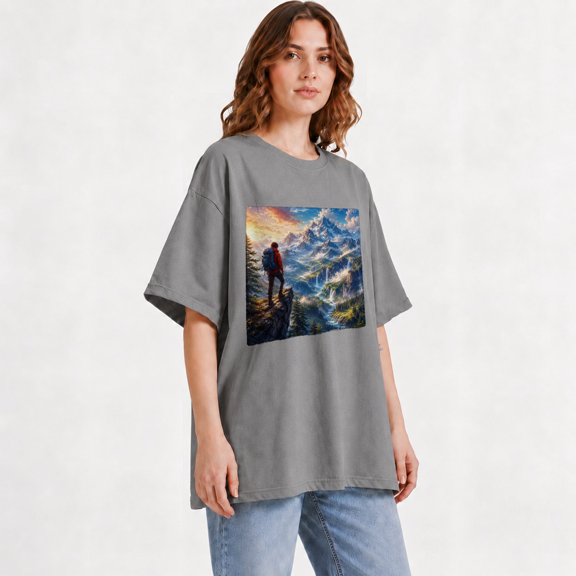 #pl[Gray] Mountain Hiker Graphic T-Shirt, Alpine Peaks Waterfall Adventure