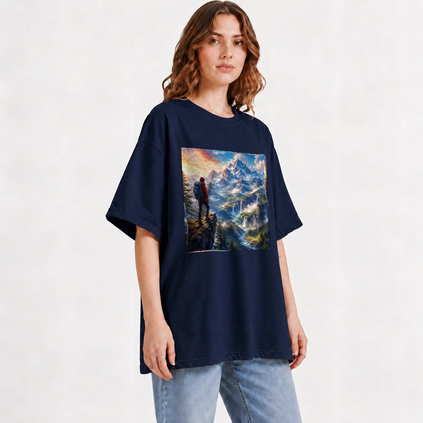 #pl[Navy] Mountain Hiker Graphic T-Shirt, Alpine Peaks Waterfall Adventure