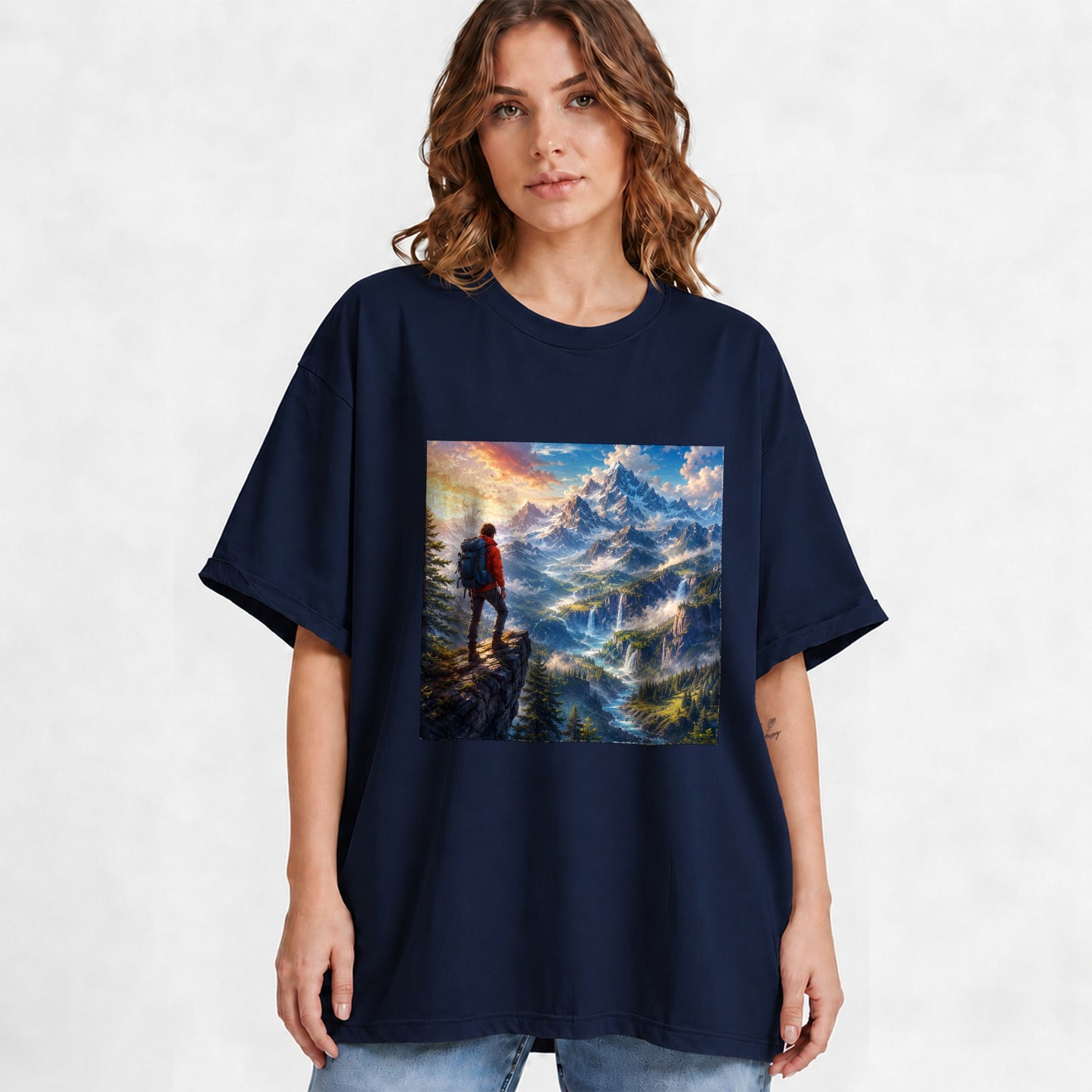 #pl[Navy] Mountain Hiker Graphic T-Shirt, Alpine Peaks Waterfall Adventure