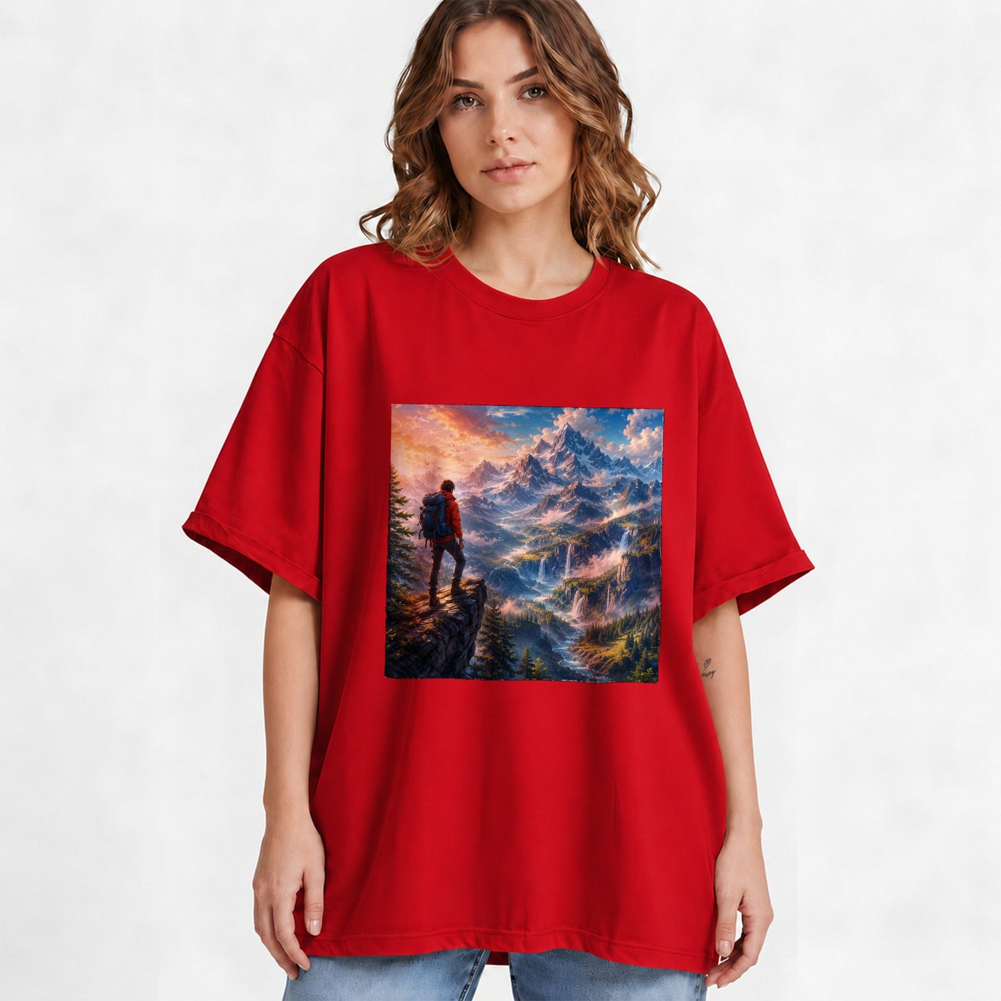 #pl[Red] Mountain Hiker Graphic T-Shirt, Alpine Peaks Waterfall Adventure