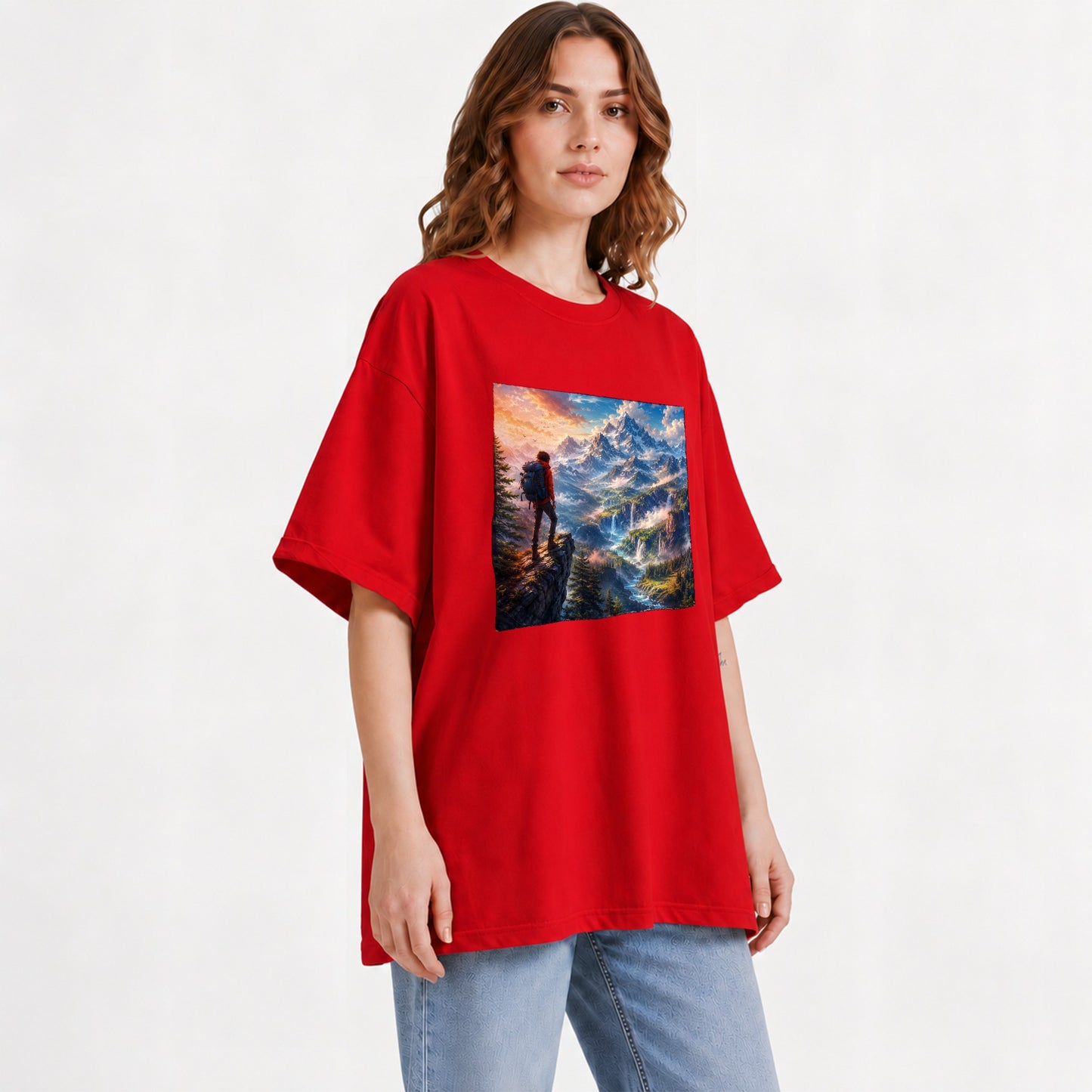 #pl[Red] Mountain Hiker Graphic T-Shirt, Alpine Peaks Waterfall Adventure