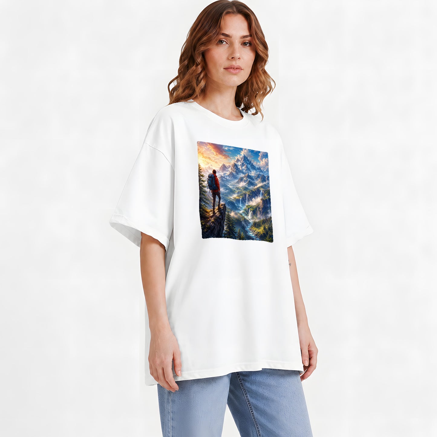 #pl[White] Mountain Hiker Graphic T-Shirt, Alpine Peaks Waterfall Adventure