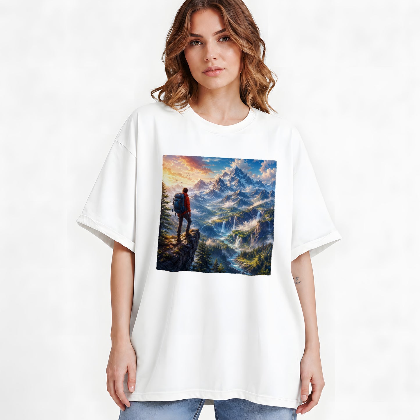 #pl[White] Mountain Hiker Graphic T-Shirt, Alpine Peaks Waterfall Adventure