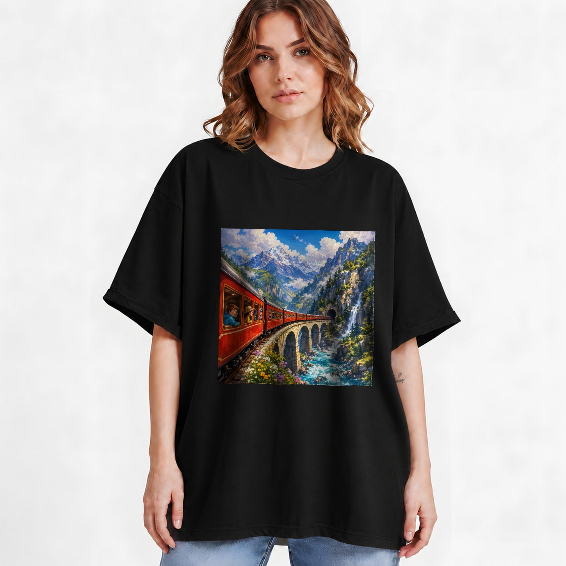 #pl[Black] Mountain Train Graphic T-Shirt, Red Alpine Railway Bridge Scene