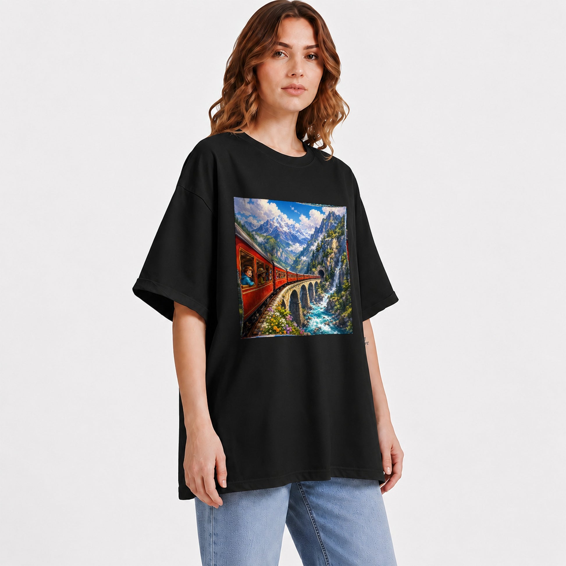 #pl[Black] Mountain Train Graphic T-Shirt, Red Alpine Railway Bridge Scene