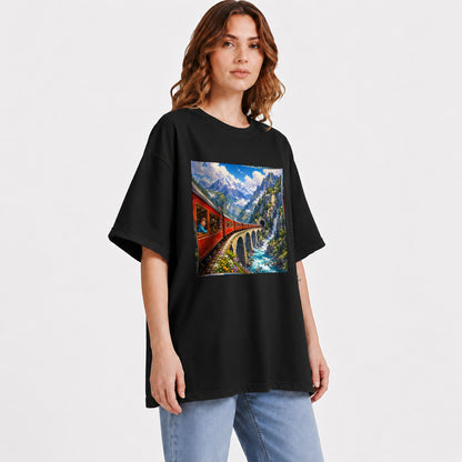 #pl[Black] Mountain Train Graphic T-Shirt, Red Alpine Railway Bridge Scene