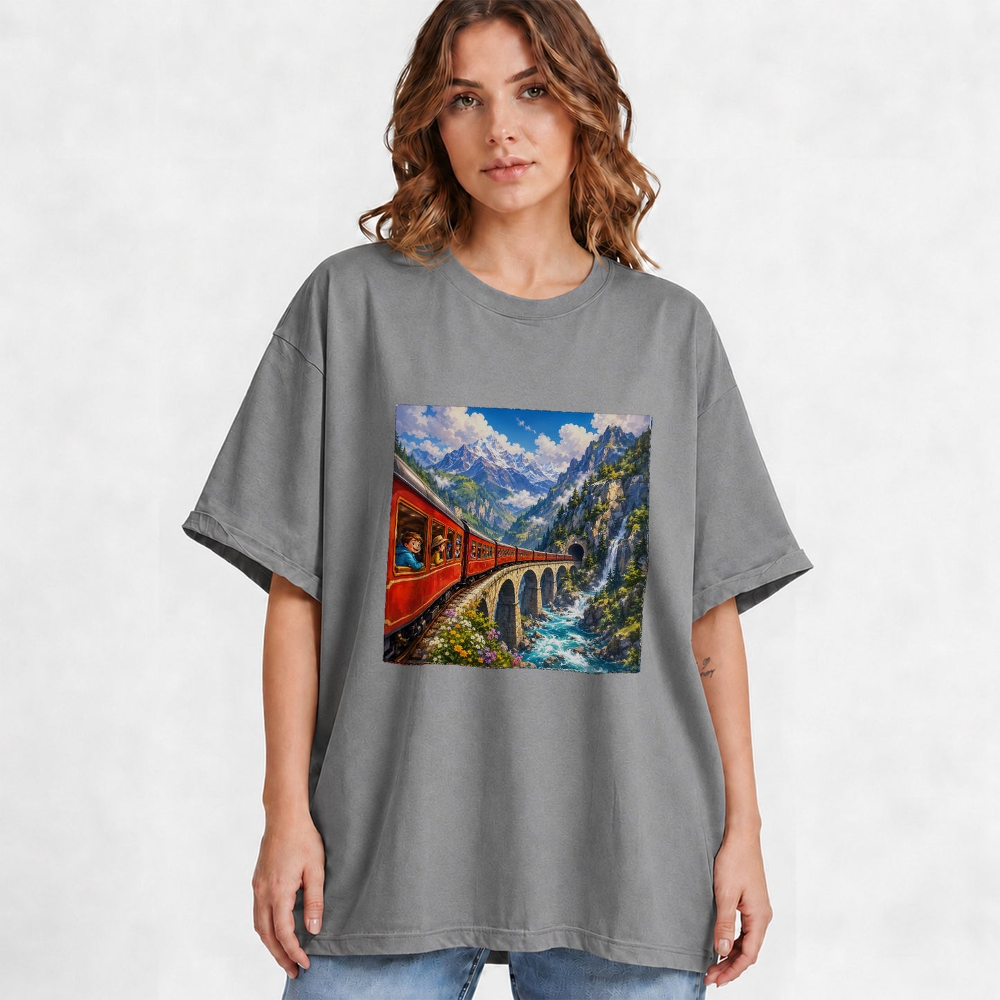 #pl[Gray] Mountain Train Graphic T-Shirt, Red Alpine Railway Bridge Scene