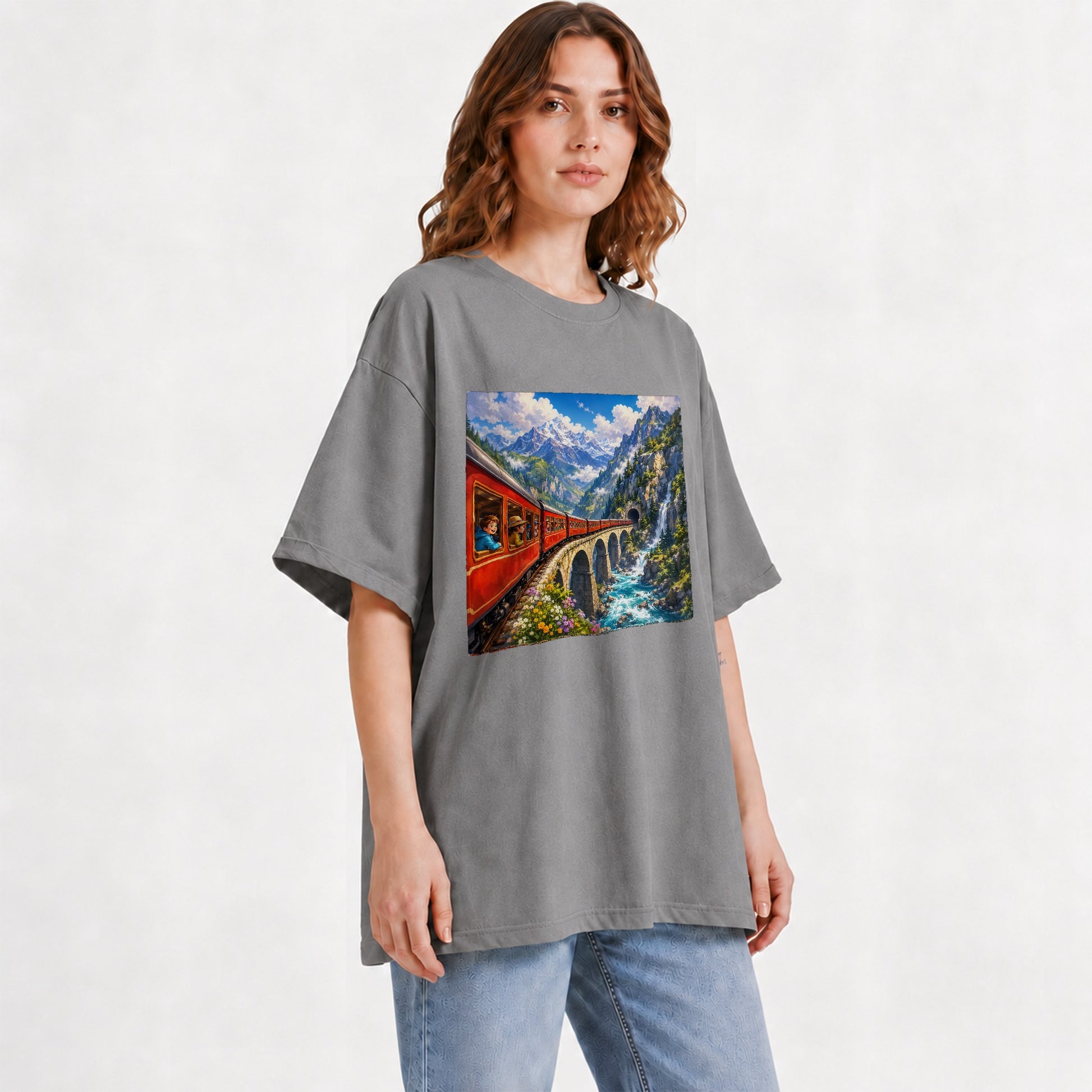 #pl[Gray] Mountain Train Graphic T-Shirt, Red Alpine Railway Bridge Scene