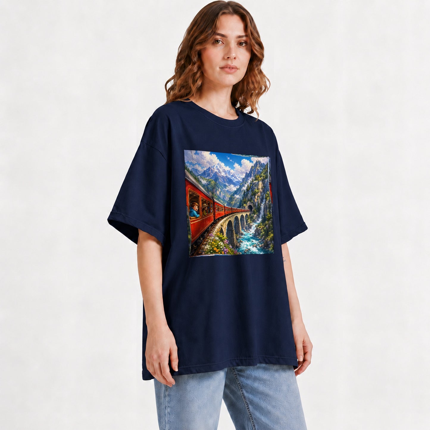 #pl[Navy] Mountain Train Graphic T-Shirt, Red Alpine Railway Bridge Scene