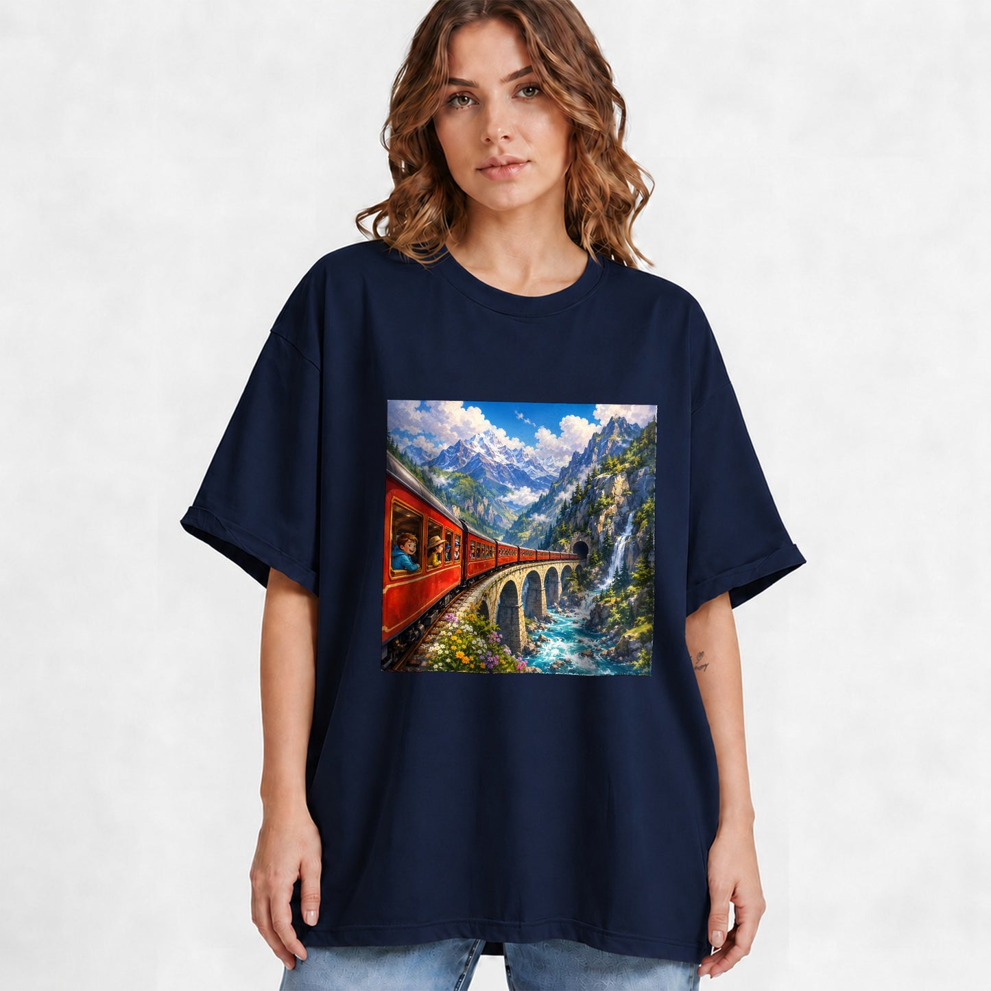 #pl[Navy] Mountain Train Graphic T-Shirt, Red Alpine Railway Bridge Scene