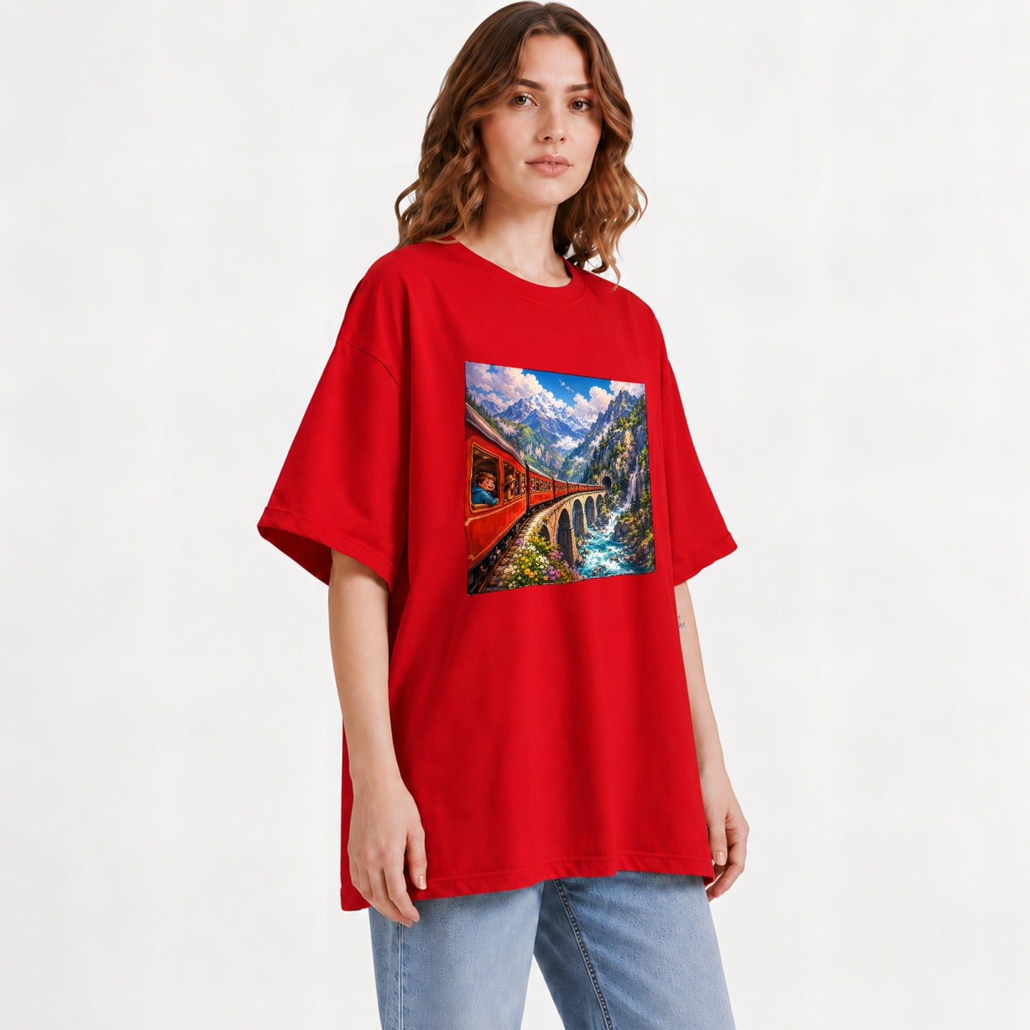 #pl[Red] Mountain Train Graphic T-Shirt, Red Alpine Railway Bridge Scene