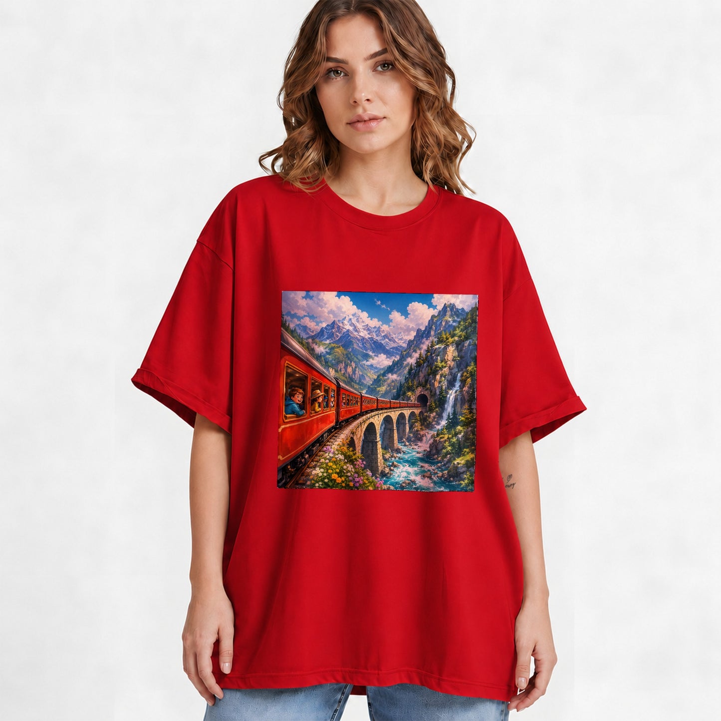 #pl[Red] Mountain Train Graphic T-Shirt, Red Alpine Railway Bridge Scene