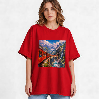 #pl[Red] Mountain Train Graphic T-Shirt, Red Alpine Railway Bridge Scene