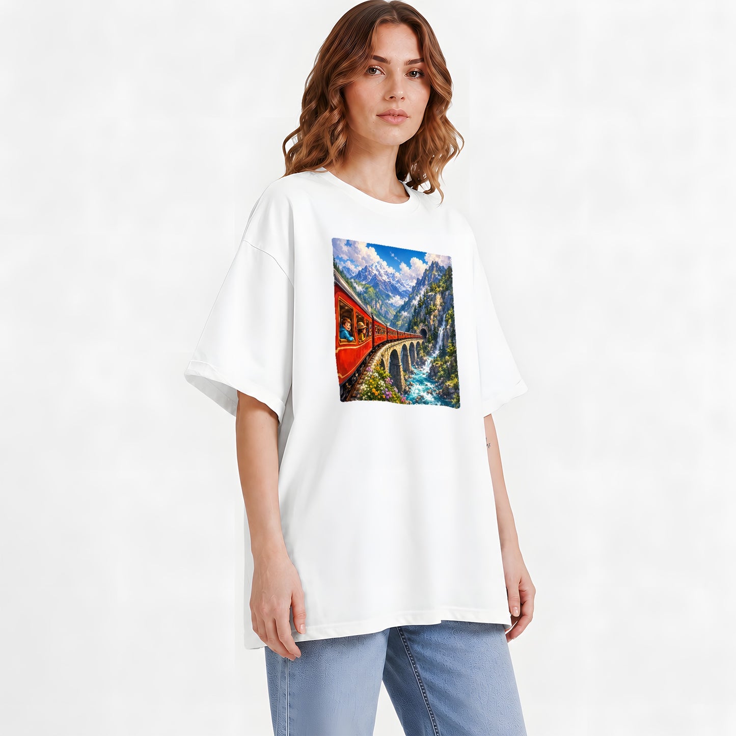 #pl[White] Mountain Train Graphic T-Shirt, Red Alpine Railway Bridge Scene