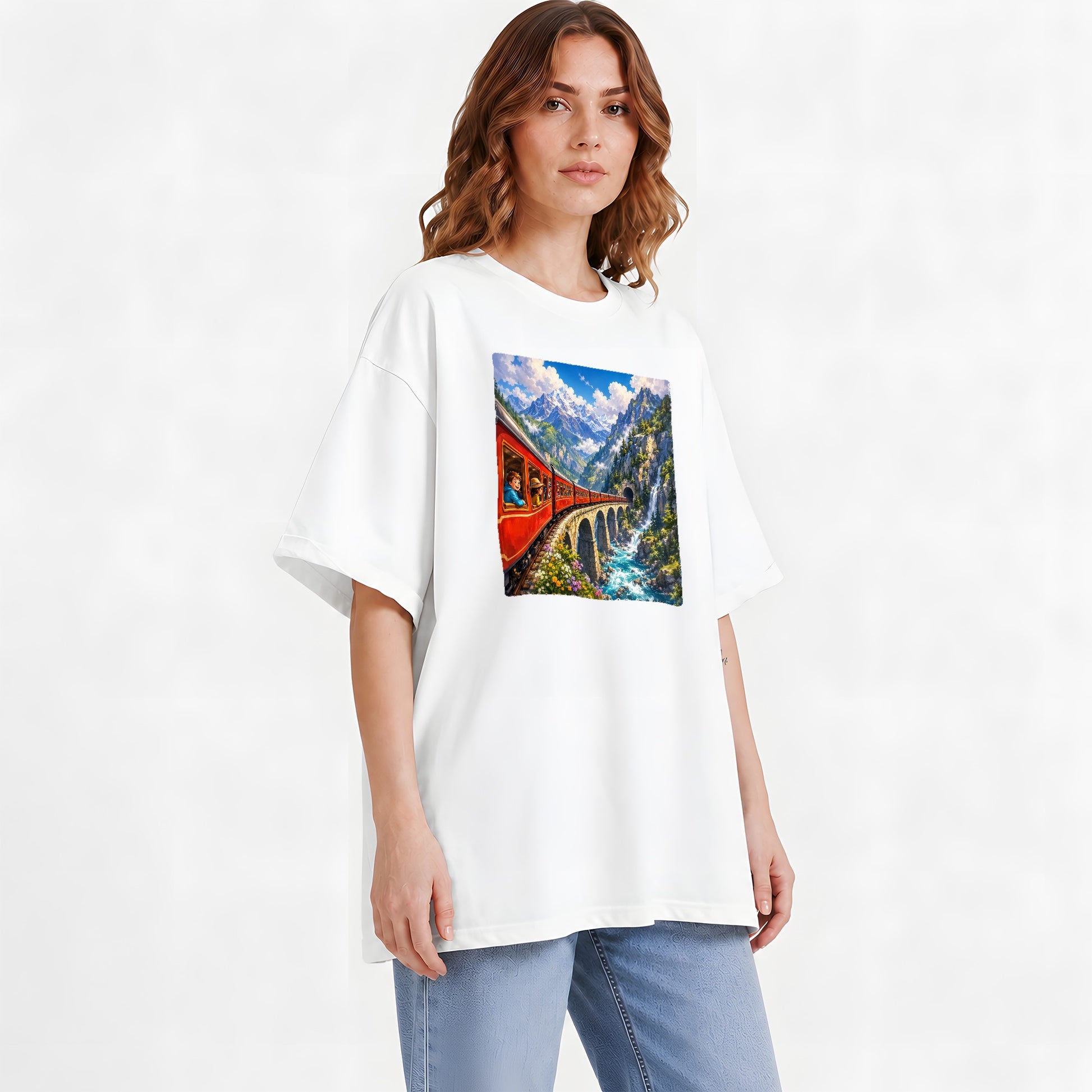 #pl[White] Mountain Train Graphic T-Shirt, Red Alpine Railway Bridge Scene